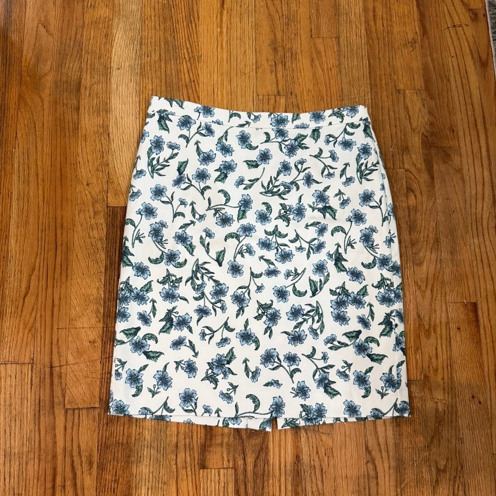 Pencil Skirt Womens 12 J Crew Factory Blue Ivory Floral Lined Black Vent Teacher